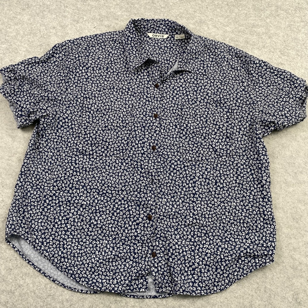 Orvis Shirt Mens XL Blue Floral Short Sleeve Button Up Cotton Modal Casual